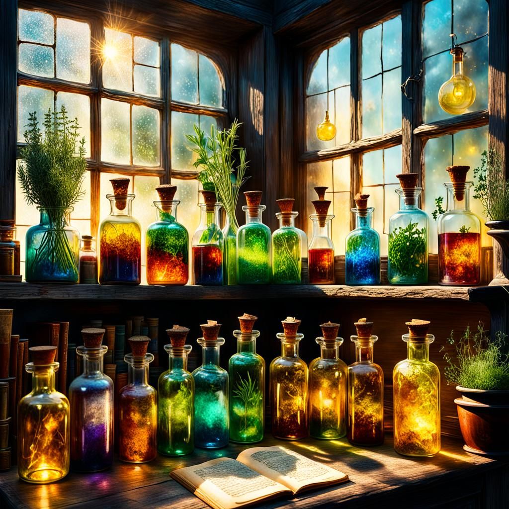 Surreal Alchemy Laboratory Illuminated by Golden Sunlight