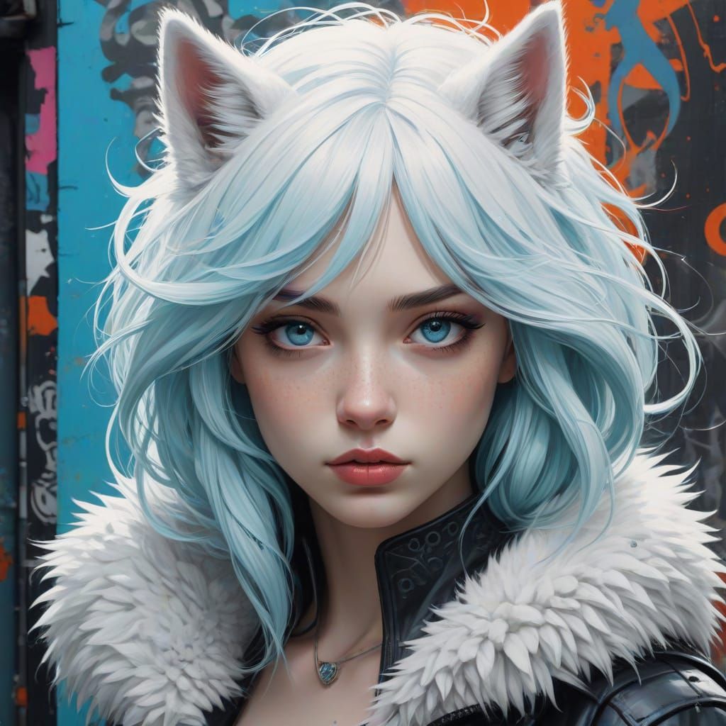 Young Woman Surrounded by Loyal Direwolf in Urban Landscape