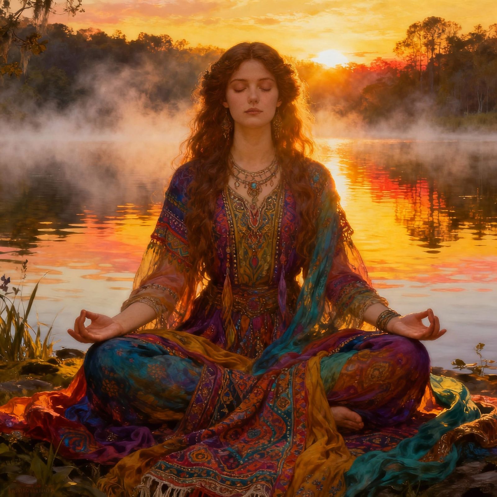Boho Woman Meditating by Serene Lake at Sunset