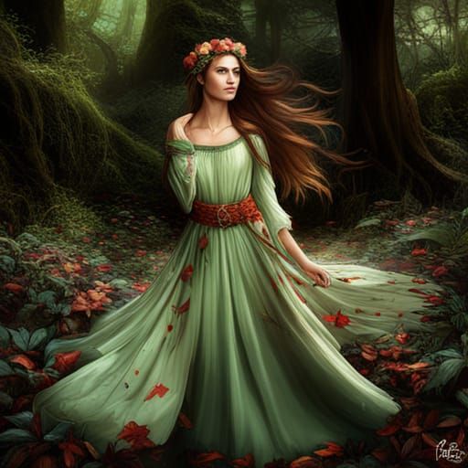 Gorgeous Girl in Autumn Fantasy Wreath with Green Dress