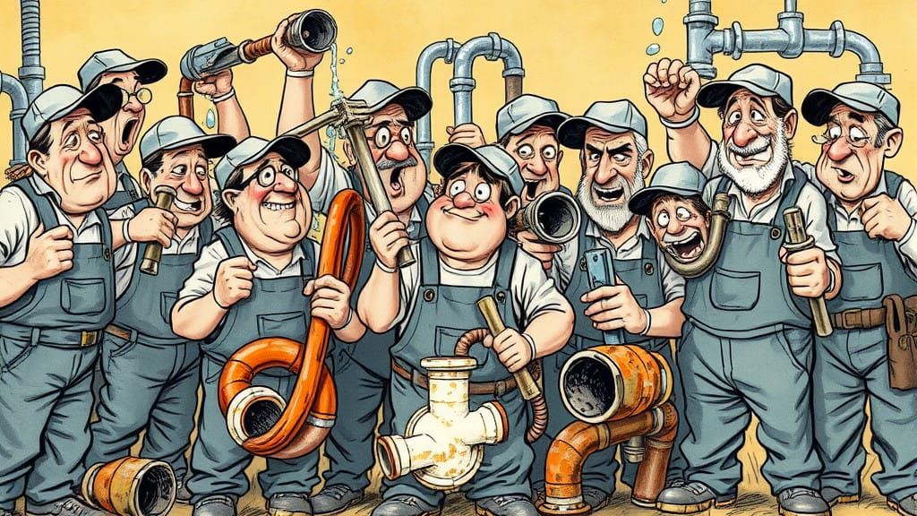 Bumbling Plumbers in Whimsical Ink-Wash Style