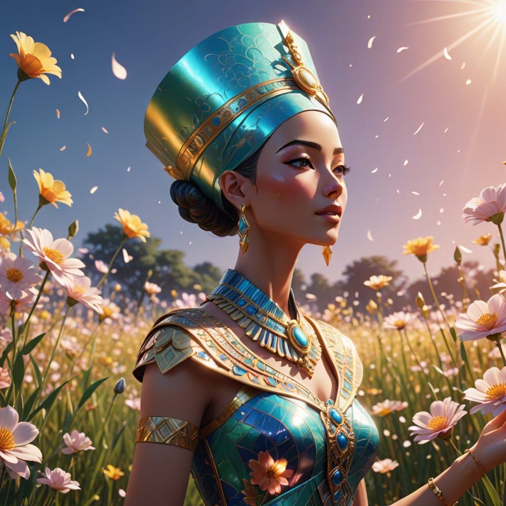 Anime Nefertiti Dancing with Flowers in a Sunlit Meadow