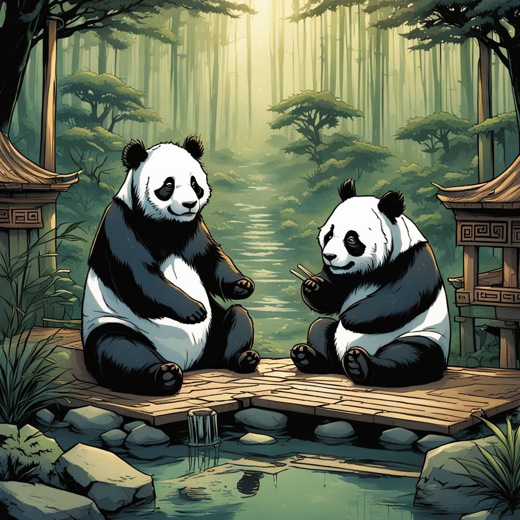 Pandas Meditate in a Serene Zen Garden Scene