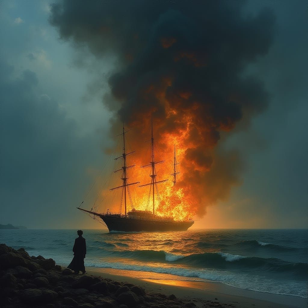 Dramatic Yacht Inferno in Endless Blue Ocean