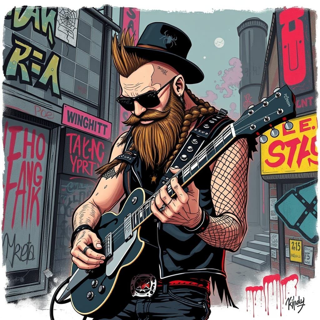 Punk Rocker with Braided Beard Plays Vintage Guitar in Gritt...