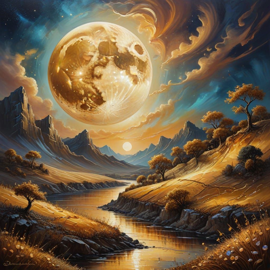 Venusian Moonrise: Surreal Oil Painting with Gold