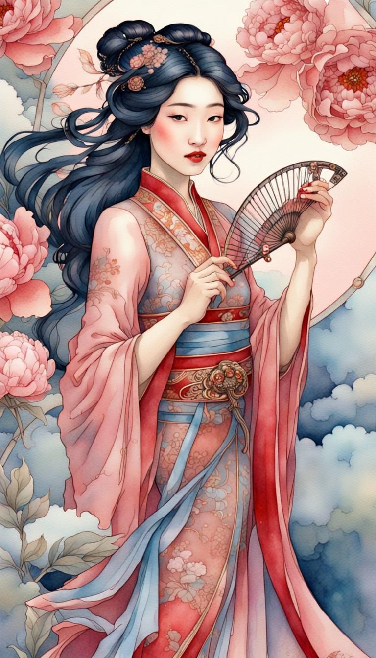 Art Nouveau Mulan Watercolor Illustration