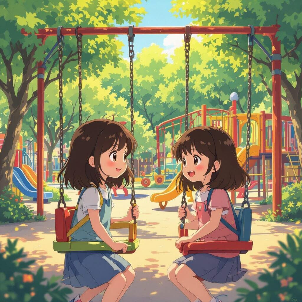 Sisters Play in Vibrant Park: Studio Ghibli Style