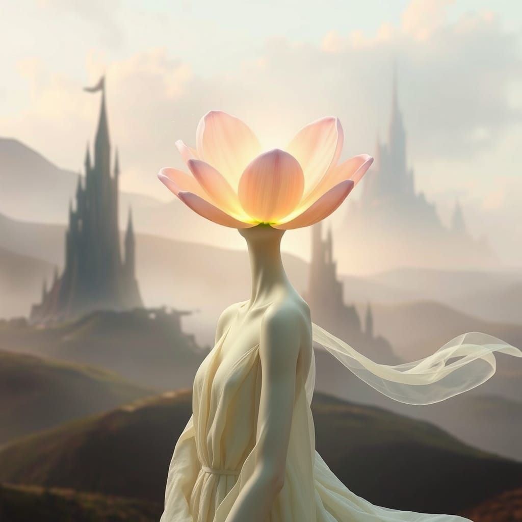 Ethereal Beauty with Blossoming Flower Head in Enchanted Lan...