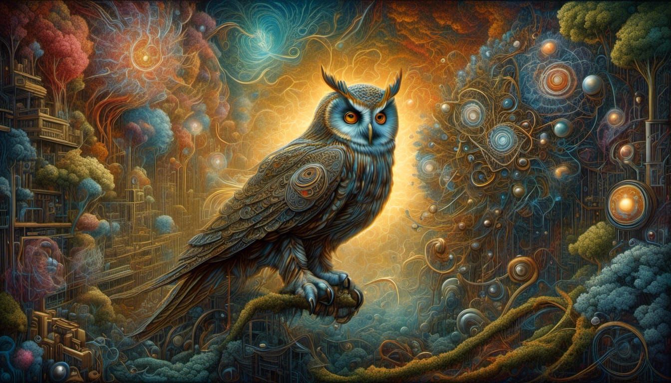 Cyberpunk Great Owl Unites with Biomechanical Fern in Vibran...