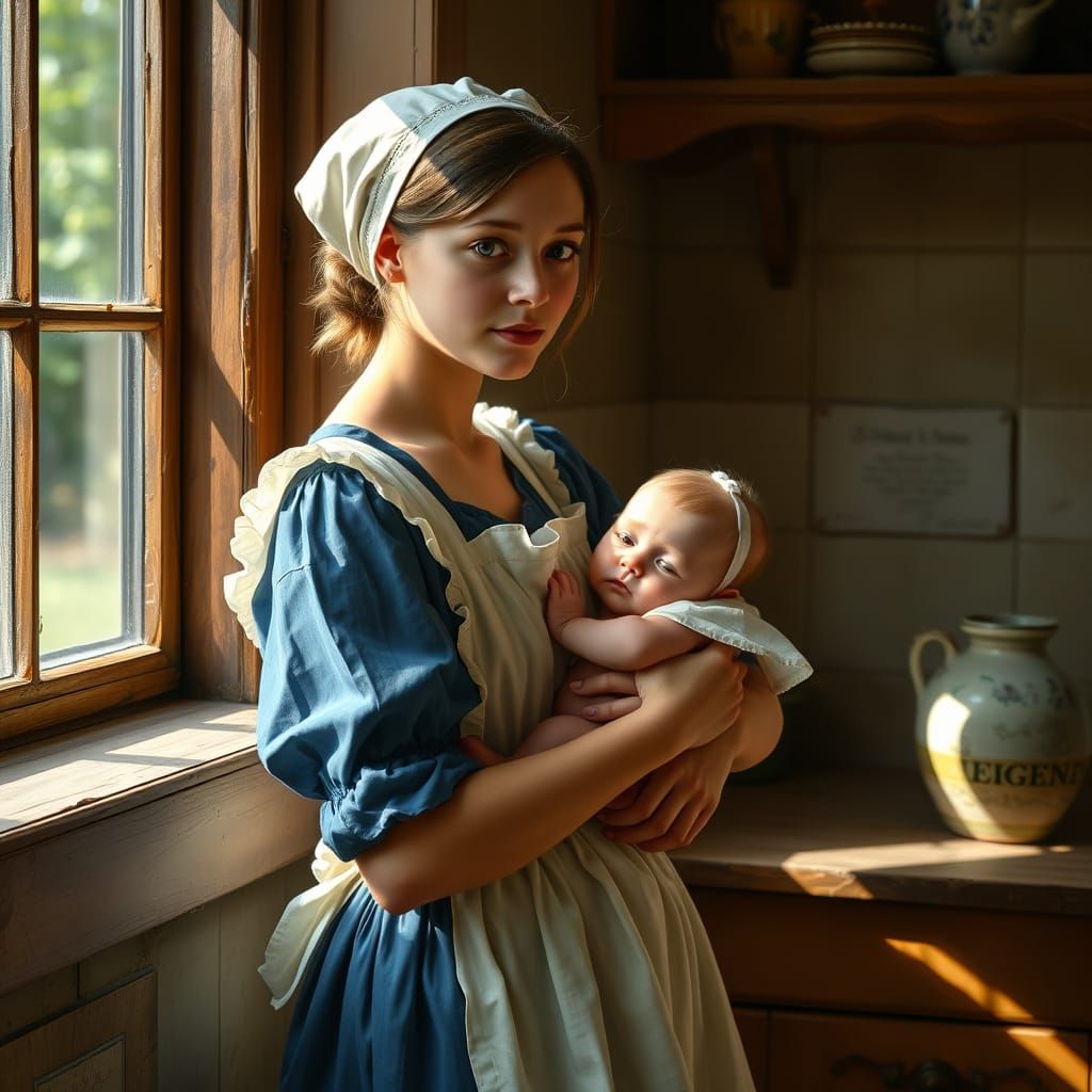 Milkmaid with Baby at Window, in Vermeer Style
