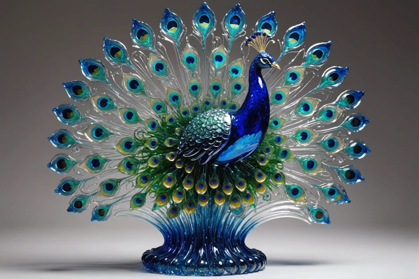 Surreal Glass Sculpture of a Shimmering Peacock