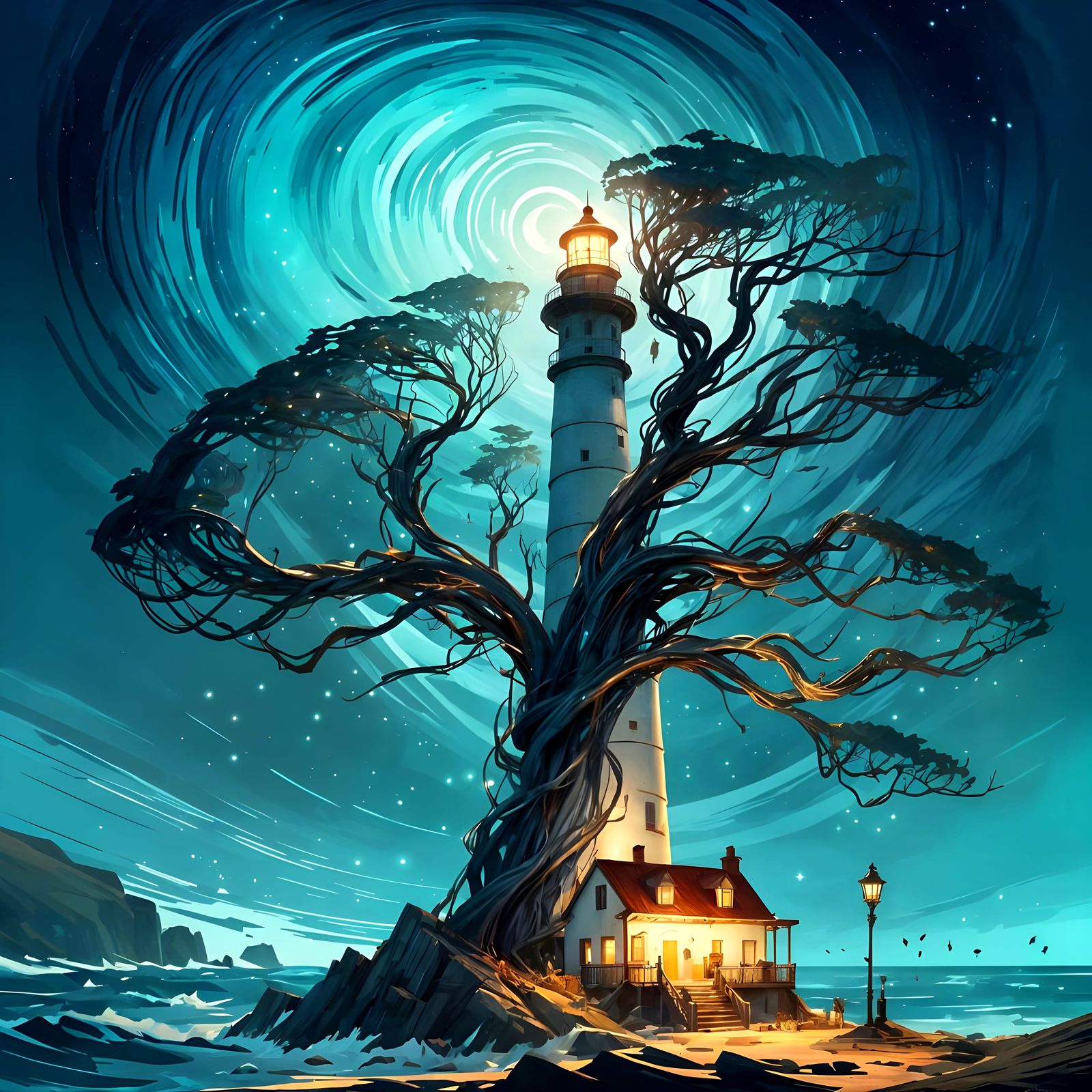 Lighthouse Surrounded by Trees and Nebulae