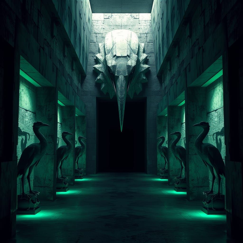 Eerie Brutalist Hallway with Geometric Heron Statues and Col...