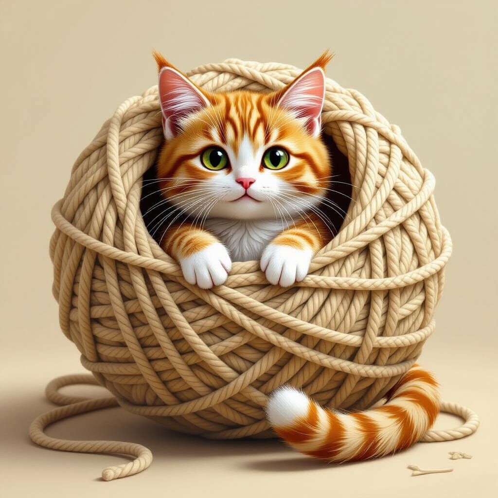 Playful Yarn Cat in a Tangled Yarn Ball