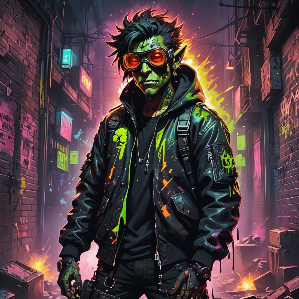 Cyber Gothic Goblin in Dark Alleyway