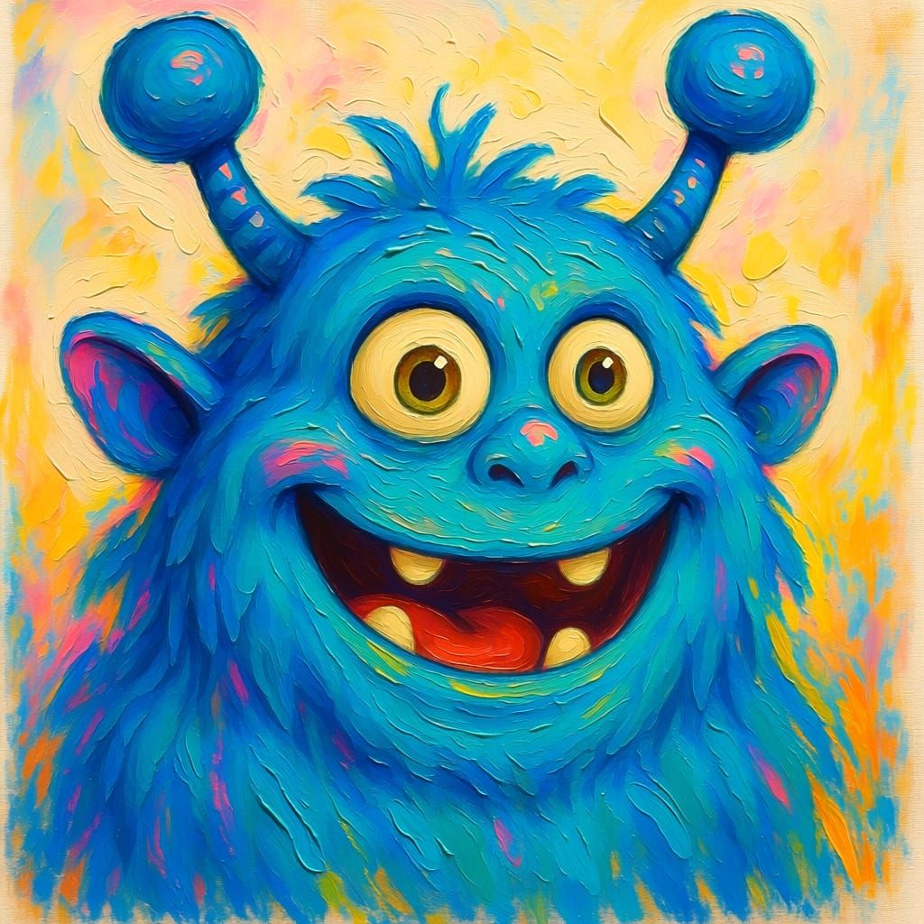Friendly Blue Monster with Antennas as Oil Cartoon