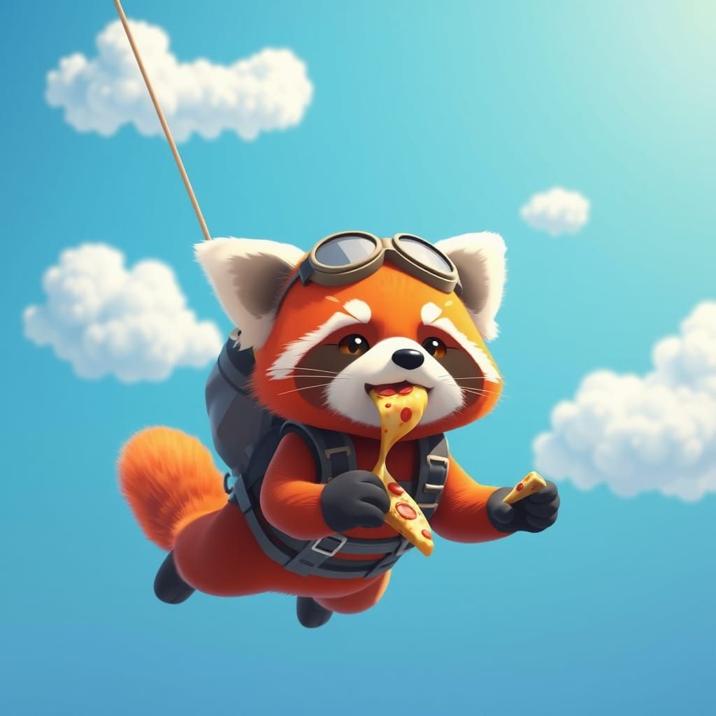 Surreal Red Panda Dives Through Vibrant Blue Skies with Pizz...