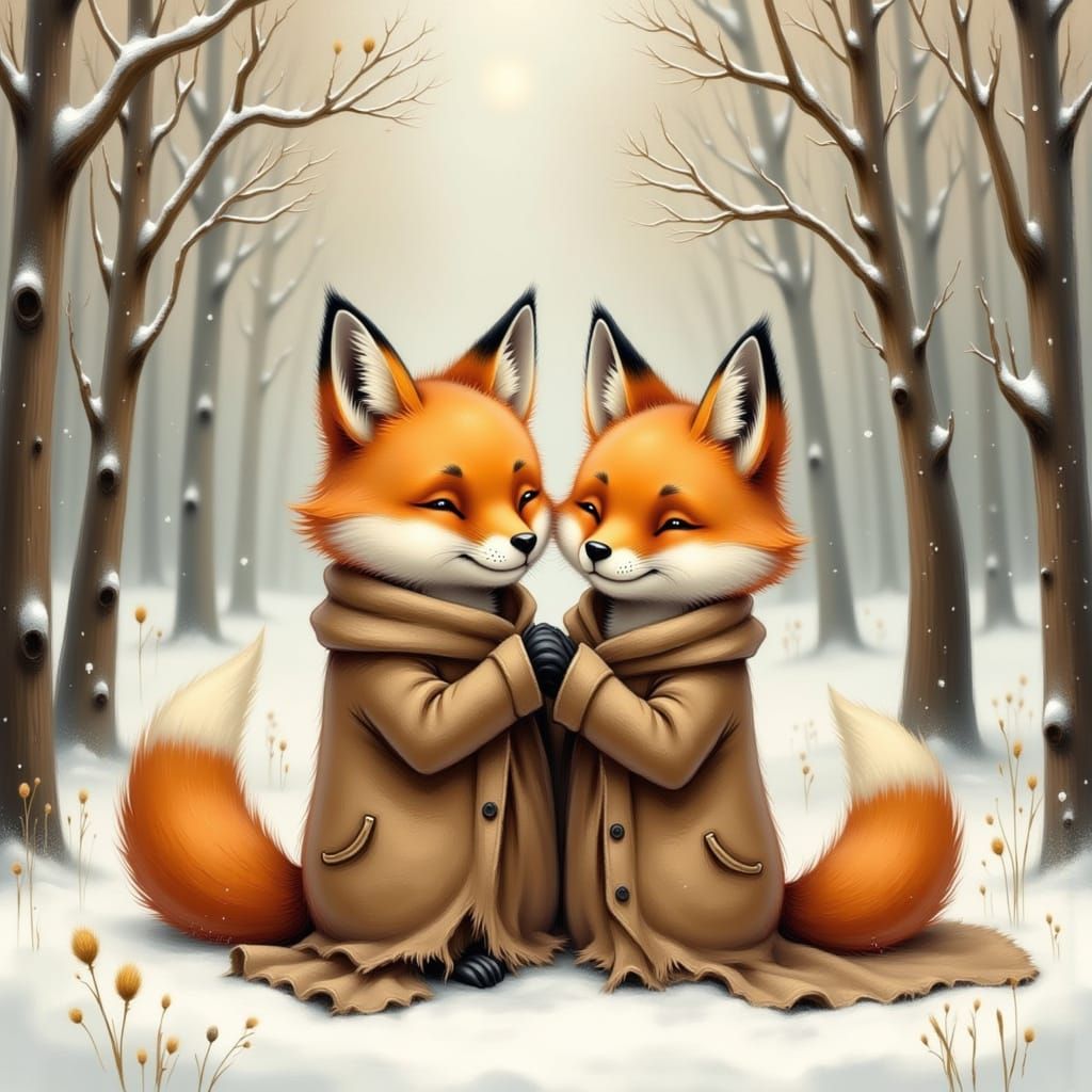 Cute foxes share a blanket II