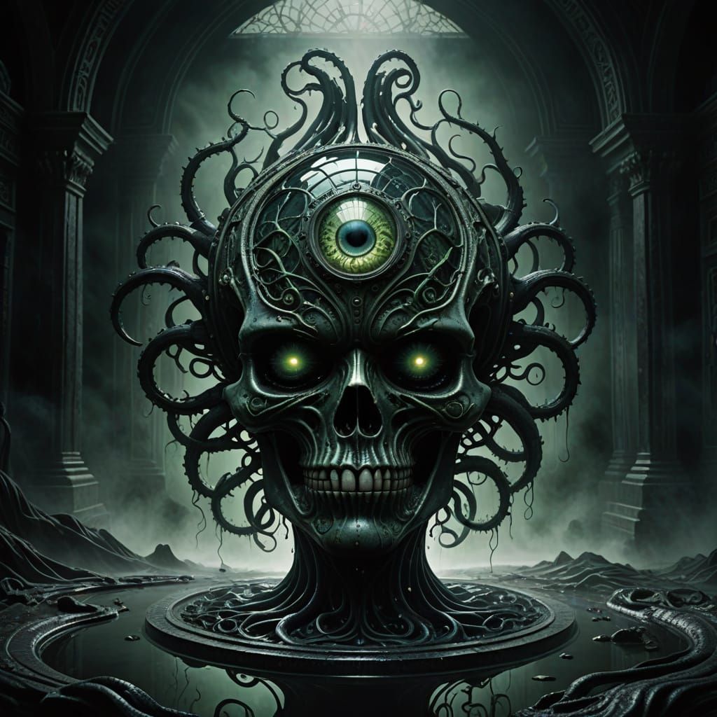 Dark Fantasy Glass Vessel in Turbulent Waves, with Biomechan...