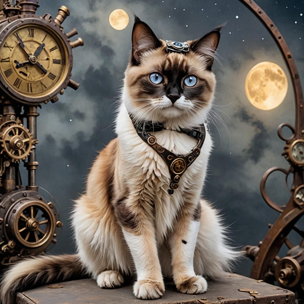 Glamorous Steampunk Cat Gazing at the Moon with Elegant Cali...
