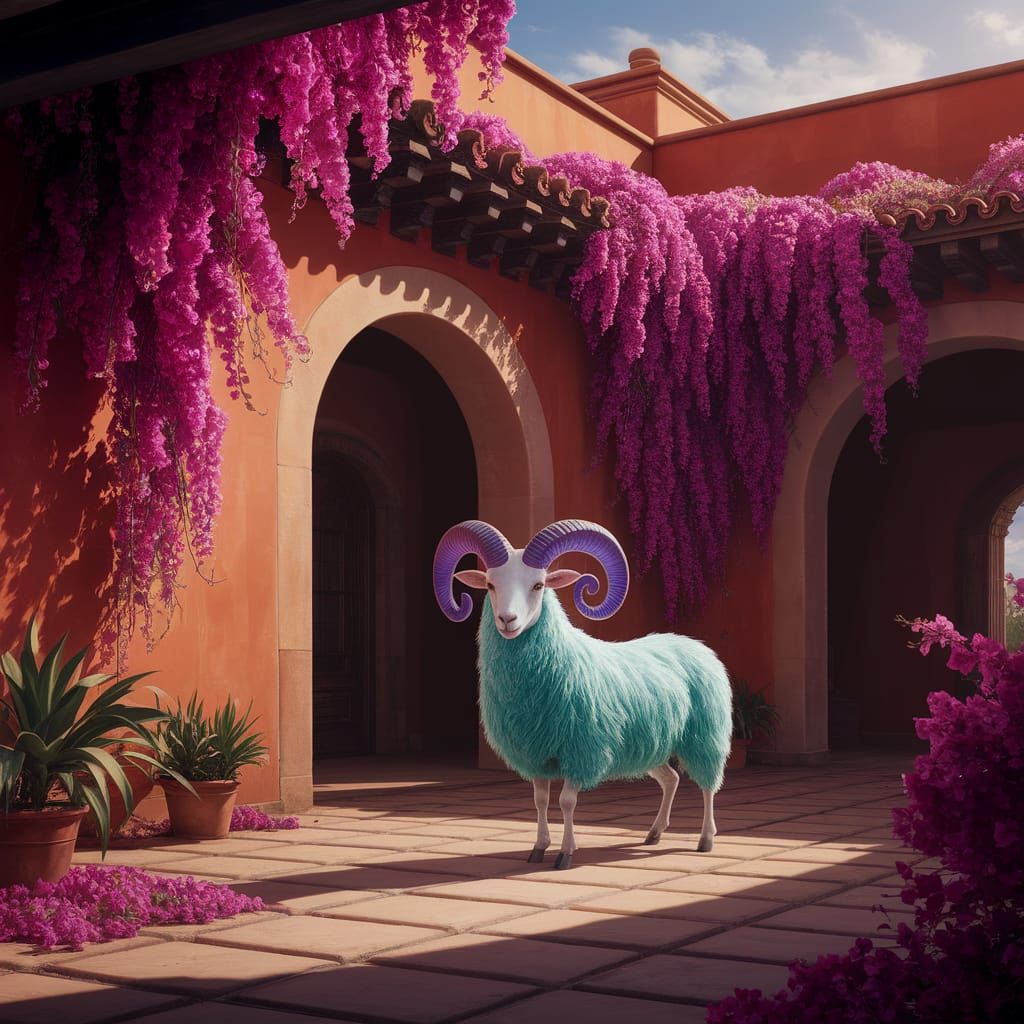 Glimmerine Sheep in Mexican Hacienda Gouache Painting