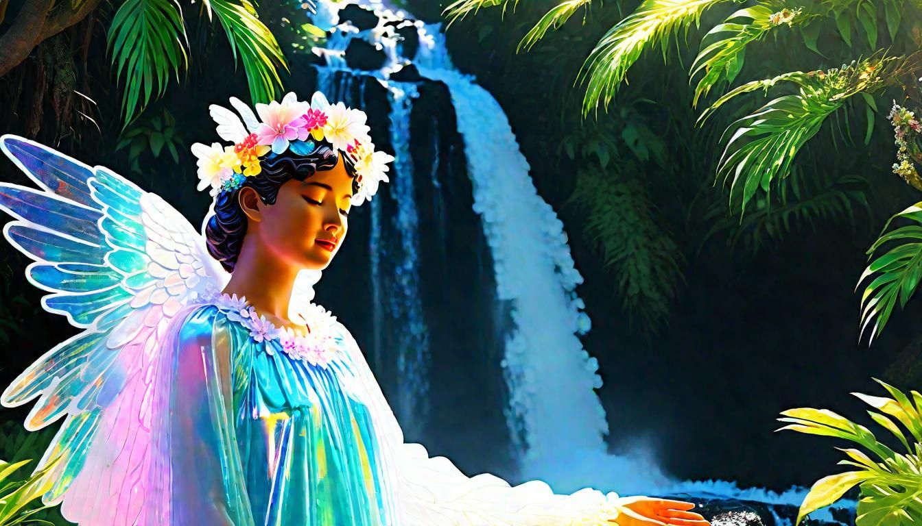 Surreal Fairycore Waterfall Scene in Tropical Hawaiian Fores...
