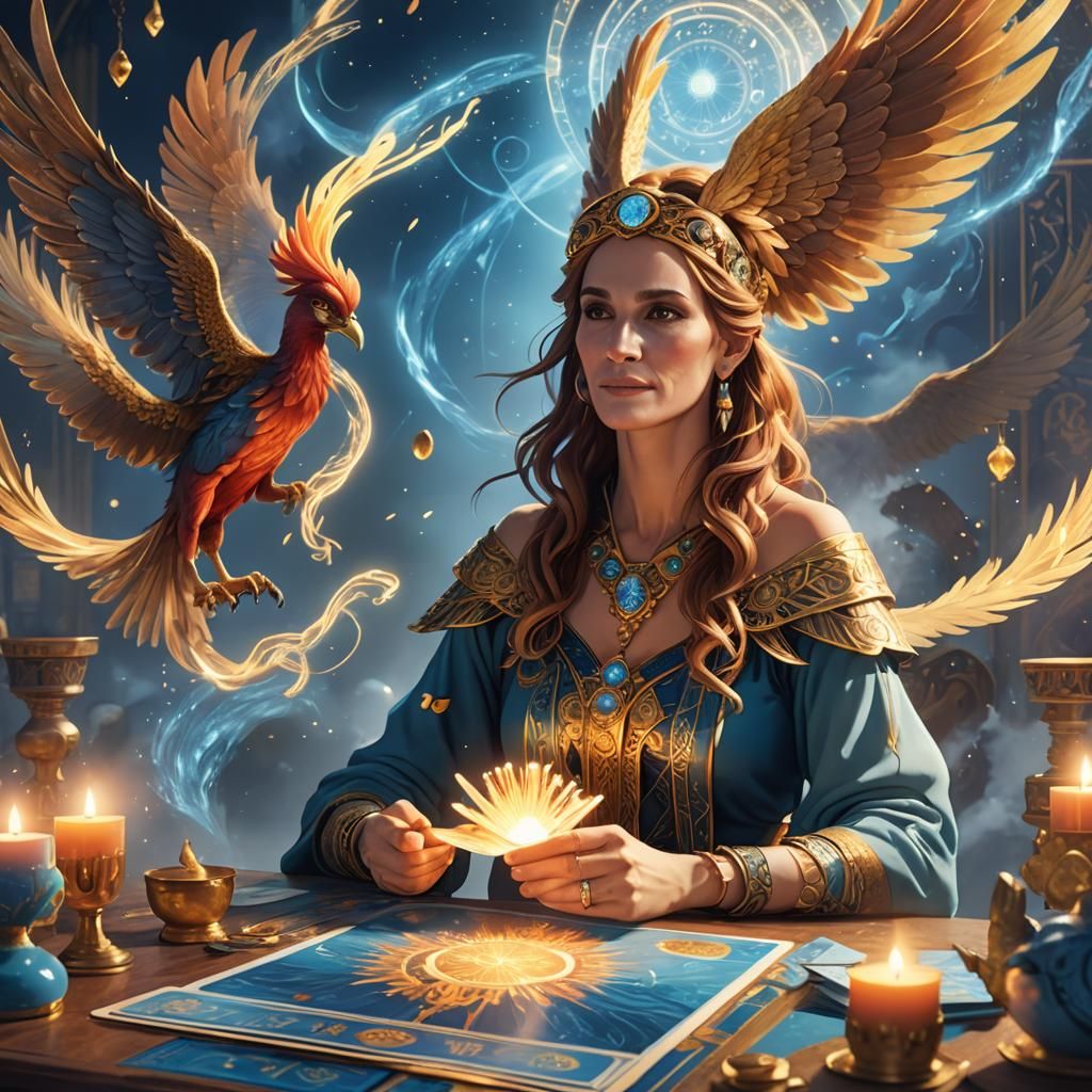 Julia Roberts in Vibrant Anime Art Reading Tarot Cards with...