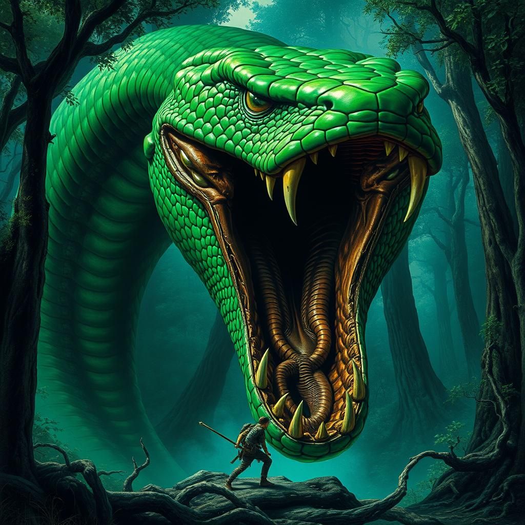 Emerald Serpent Menaces Defenseless Adventurer in Ancient Fo...