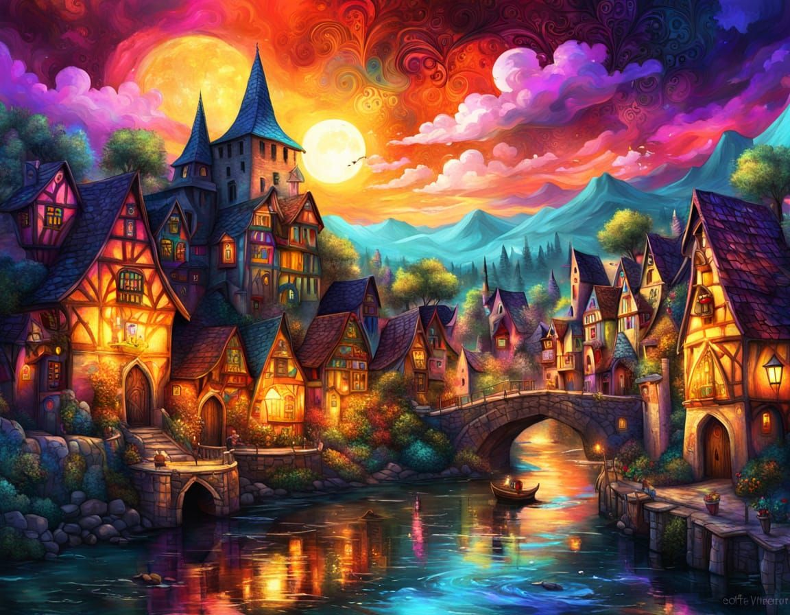Magical Medieval Riverside Village at Night