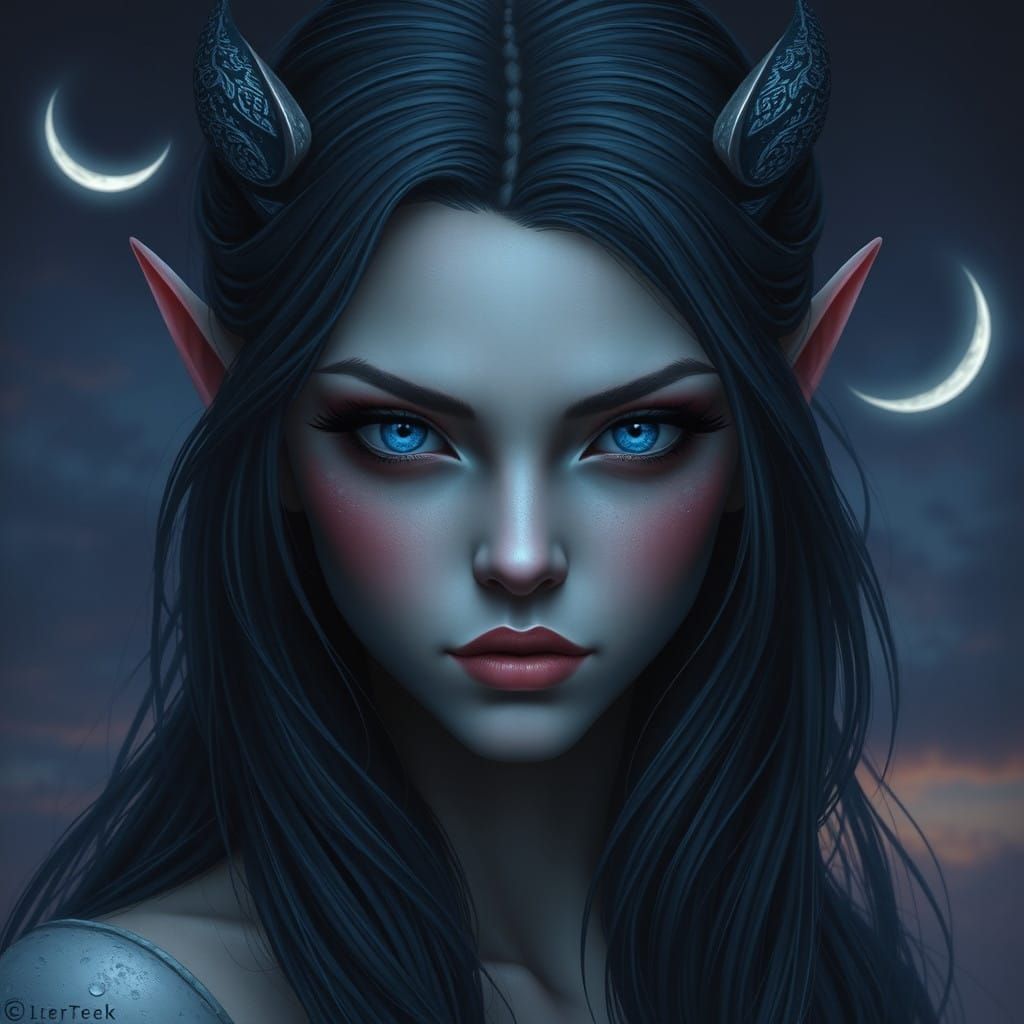Fantasy Moon Elf Woman in a Velvety Night Sky