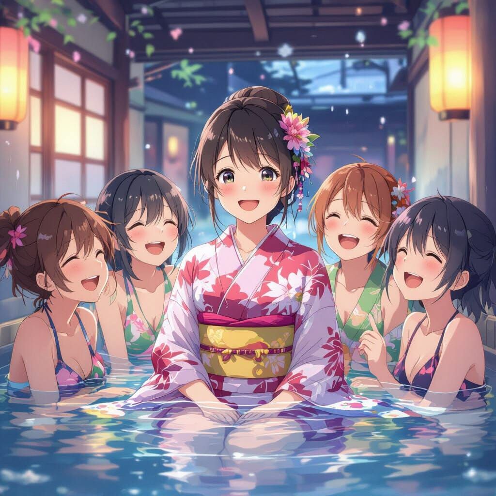 Anime Girls at Bathhouse in Vibrant Style
