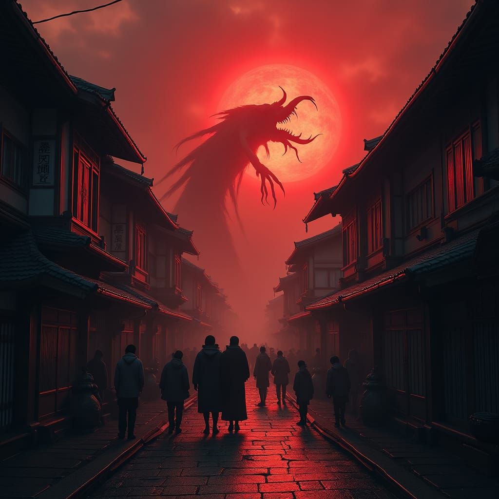 Eerie Japanese Town Under Crimson Sky