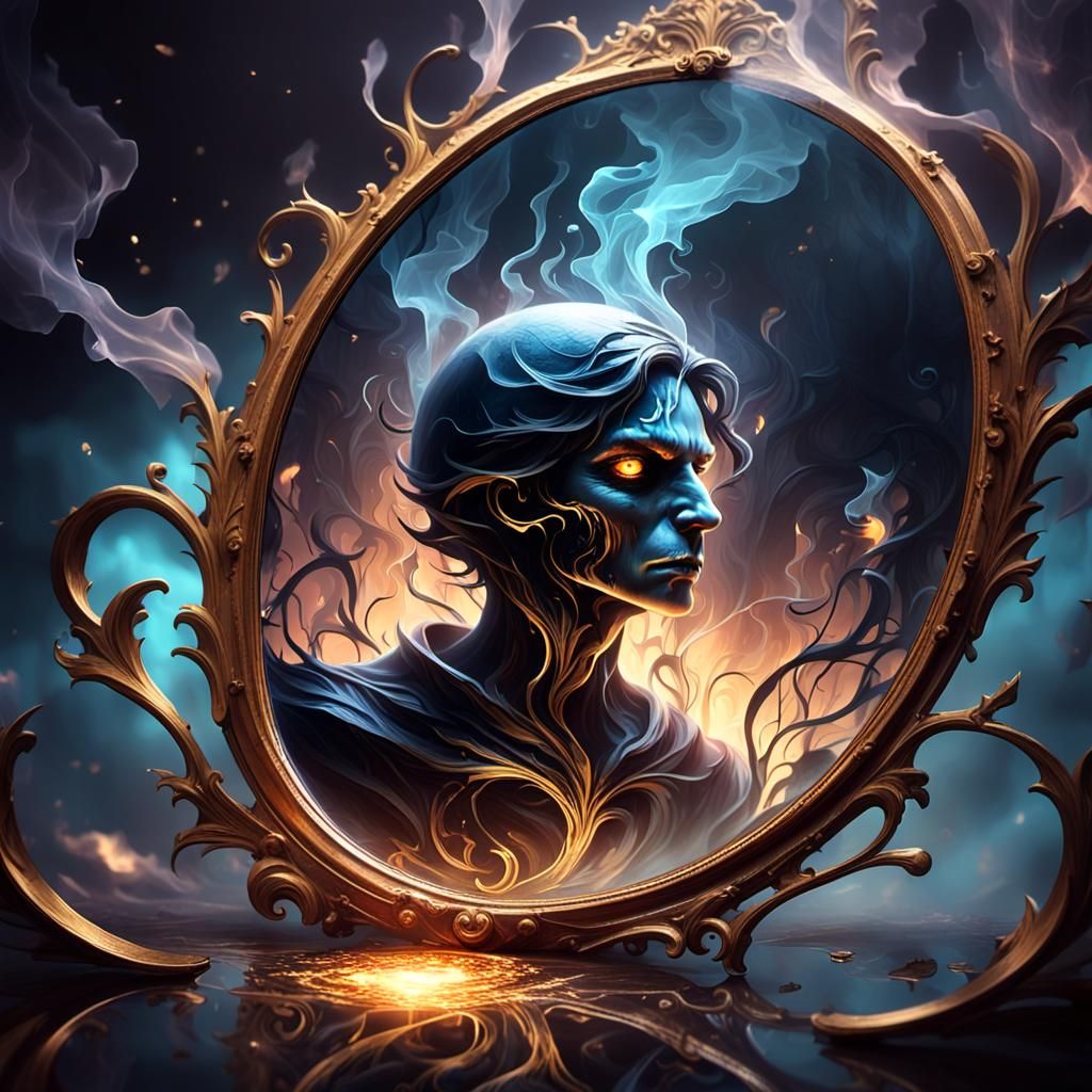 Surreal Dark Fantasy Portrait in Shattered Gilt-Edged Mirror