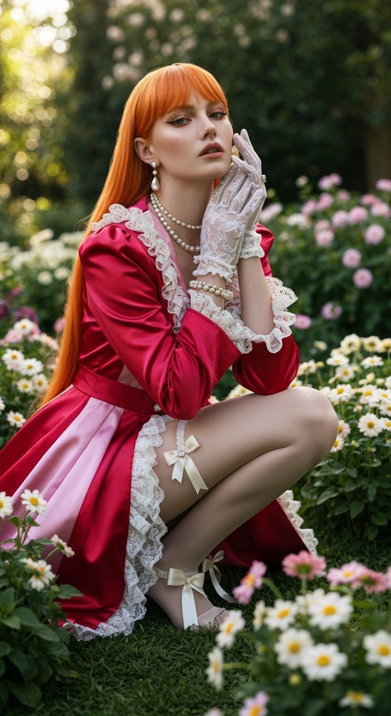 Elegant Woman in Bloom-Filled Garden, Fashion Editorial Styl...