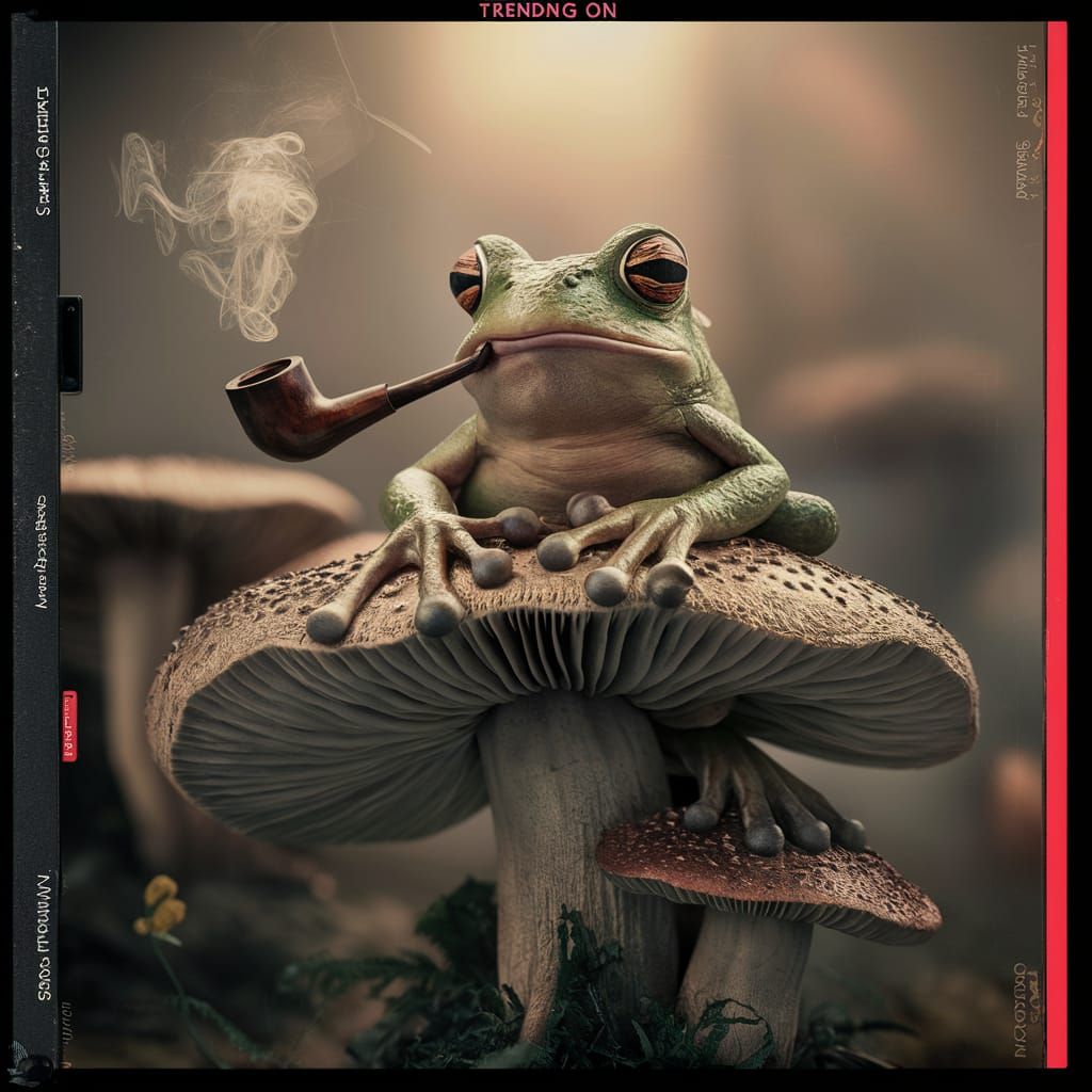 A wise-looking and trippy frog, he’s sitting on a mushroom a...