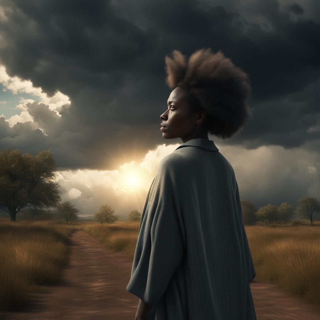 Hopeful African Woman Walking Under Haunted Skies