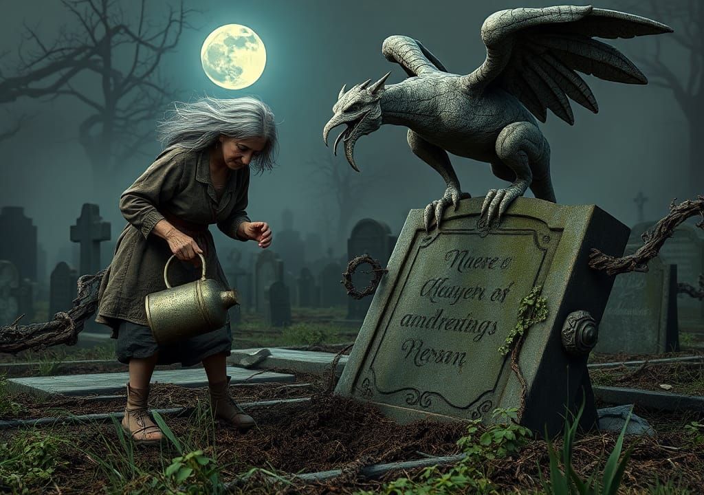 surreal concept art. salvador dali and frank frazetta inspired. an old lady is digging a grave with a watering can, in t...