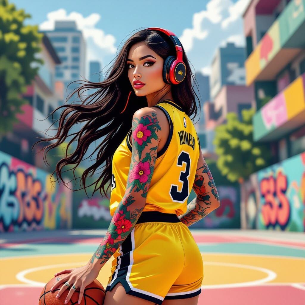 Woman with Colorful Hair and Headphones on Basketball Court