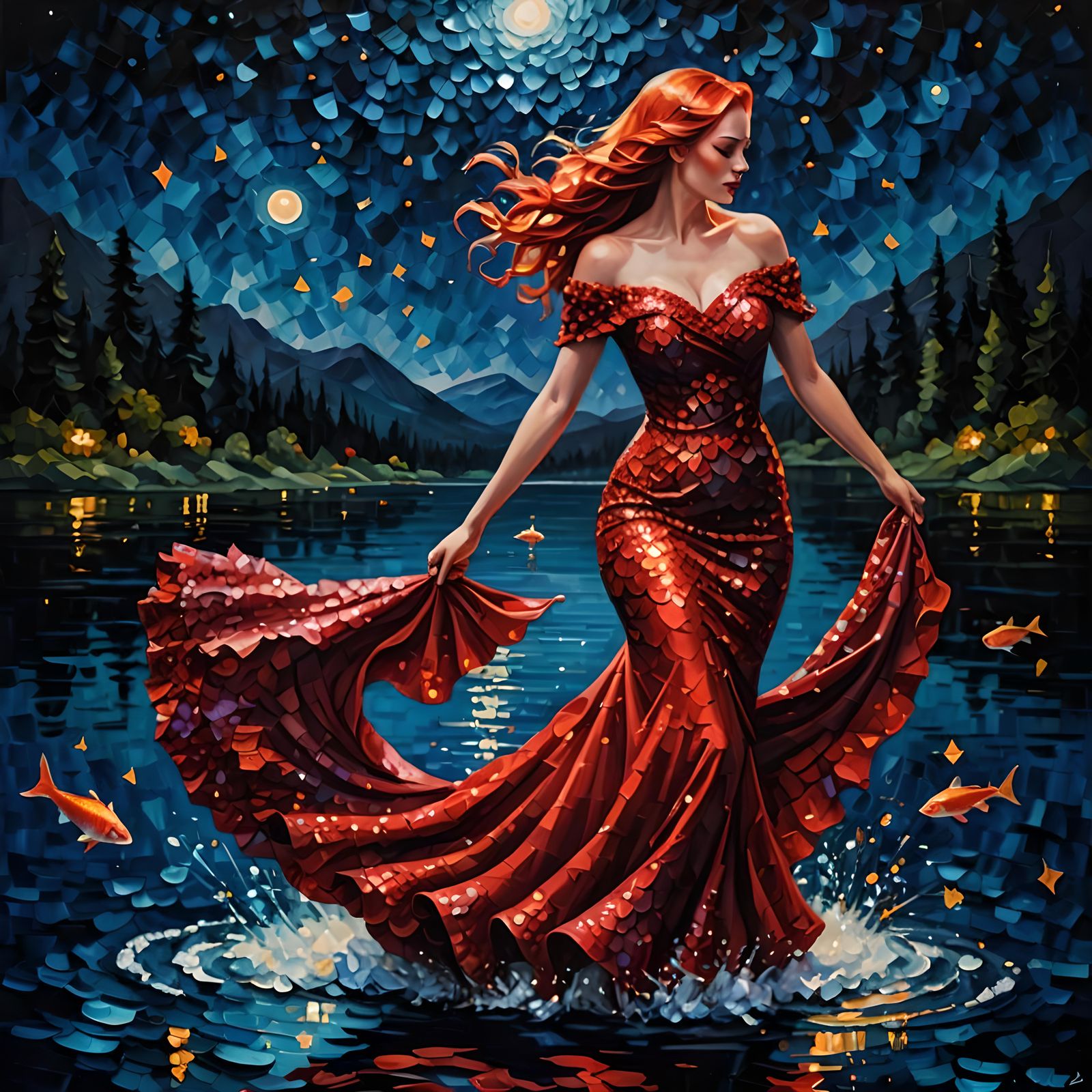 Mysterious Lady of the Lake in Vibrant Impasto Style