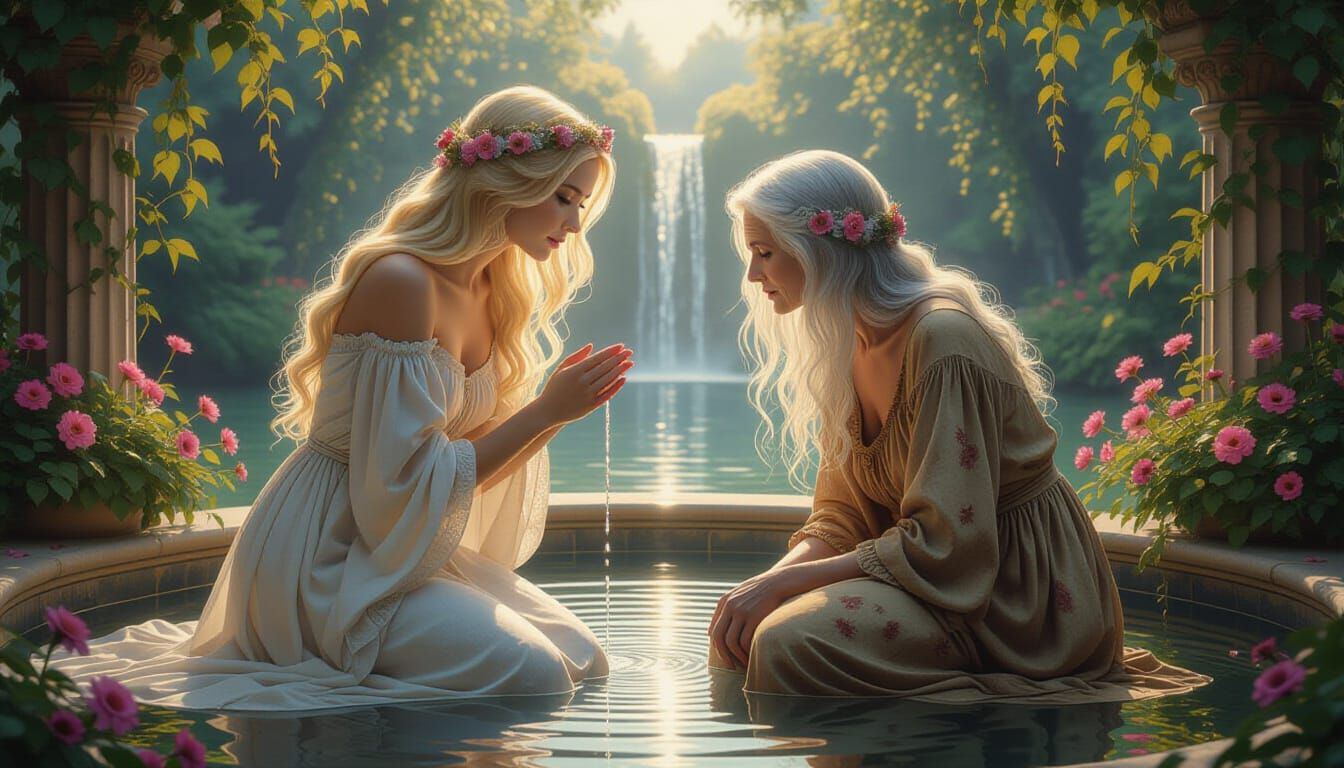 Goddess Reflects on Youth at Fountain of Youth