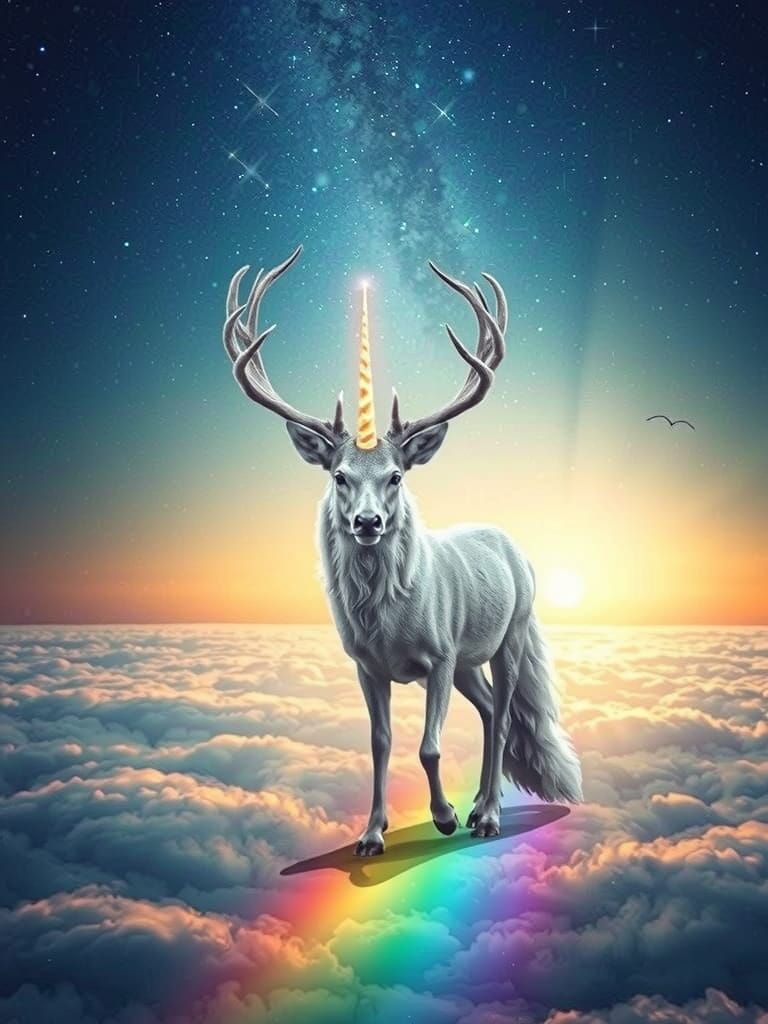 Magical Silver-White Deer-Fox-Unicorn on Rainbow