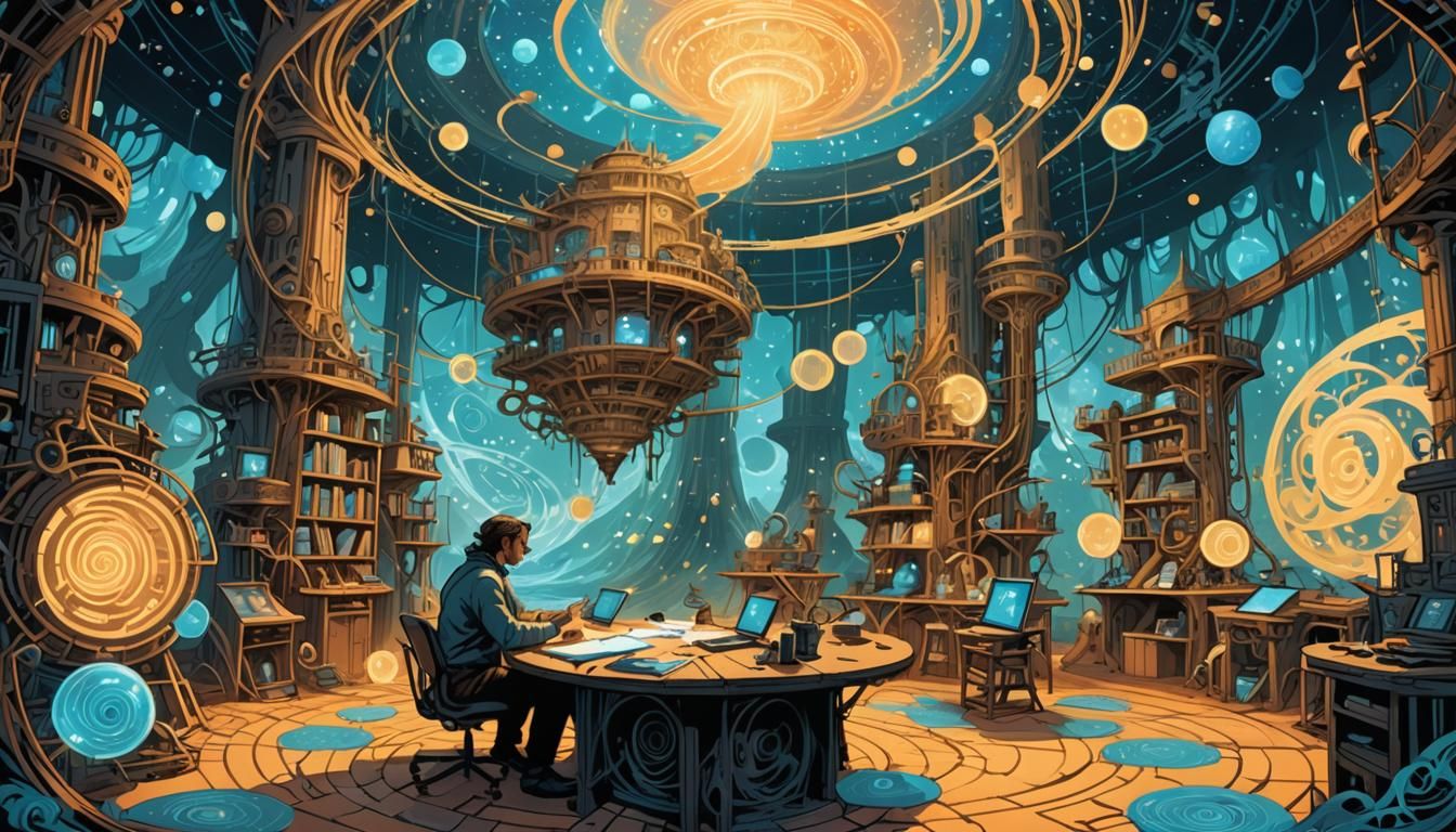 Dreamweaver Architect Surrounded by Swirling Vortices of Blu...