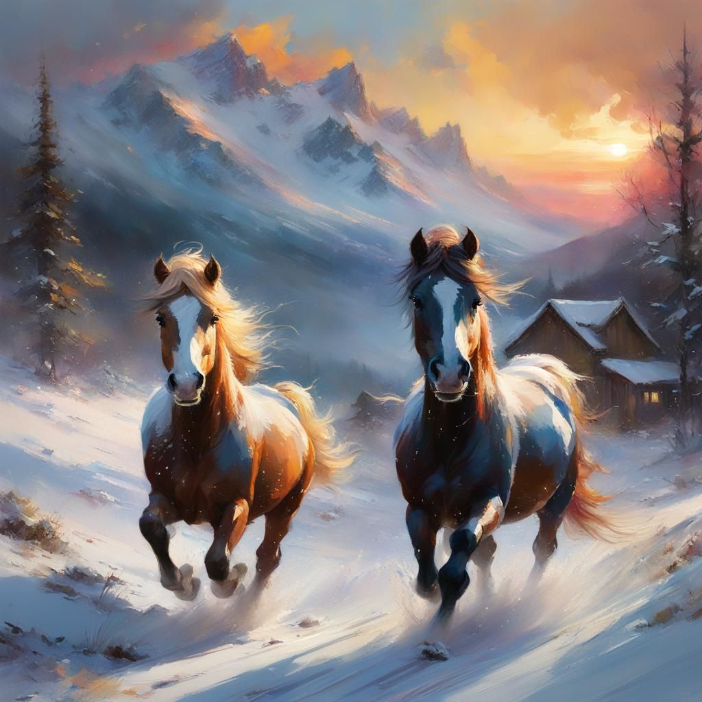 Elegant Ponies Run Under Dramatic Rocky Mountain Sunset