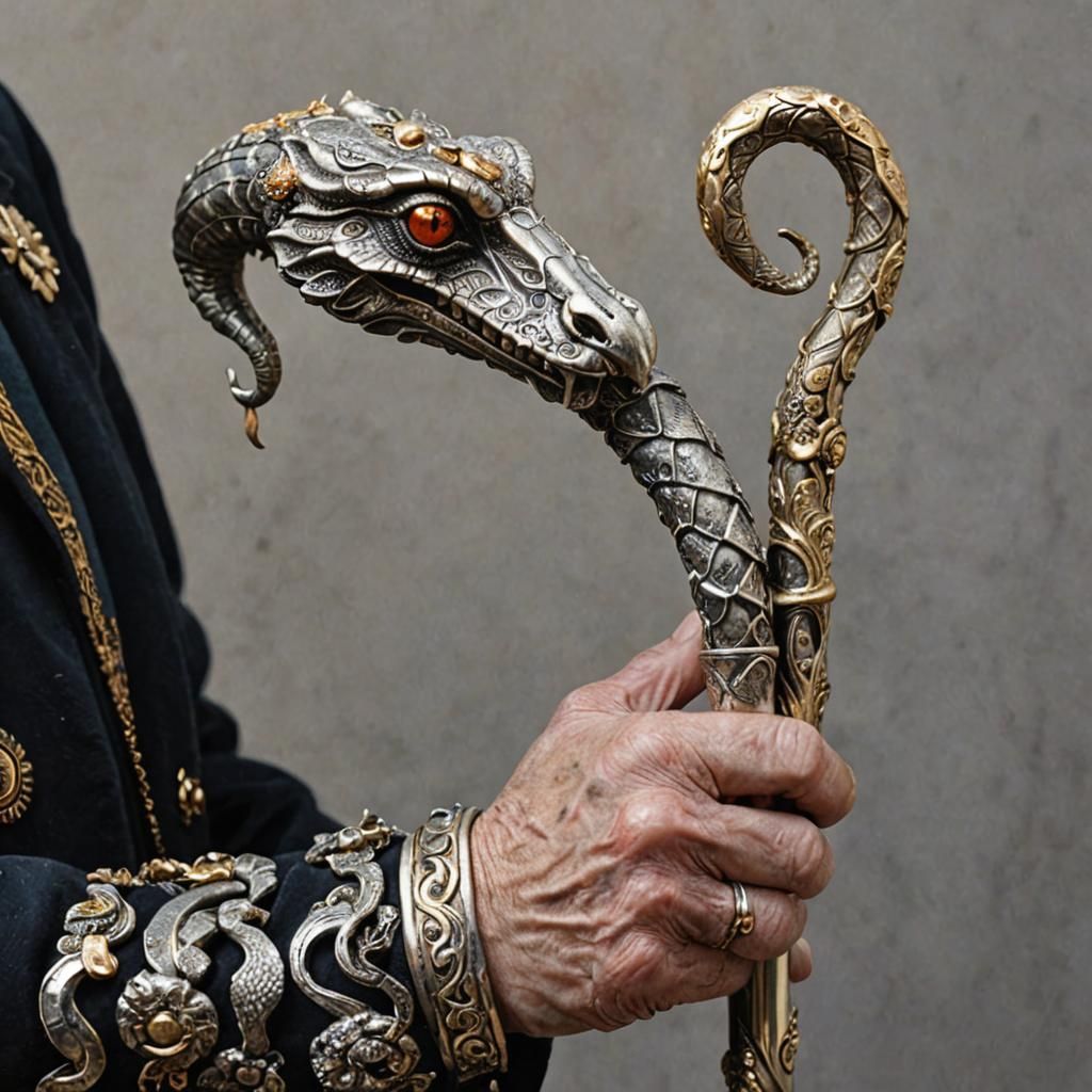Aged Gentleman Clutches Ornate Walking Stick with Serpentine...