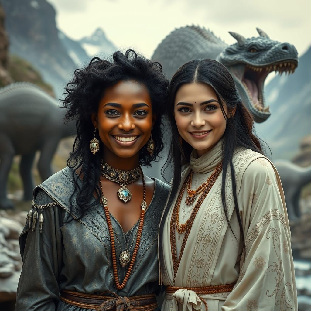 Two Women in a Surreal Landscape, Photorealistic Style