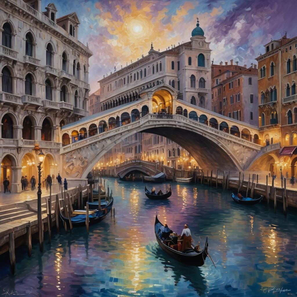 Gilded Rialto Bridge in Dreamlike Venice by Impressionist Ma...