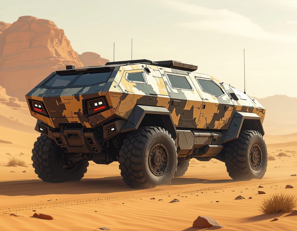 Futuristic Armored Truck in Desert Landscape