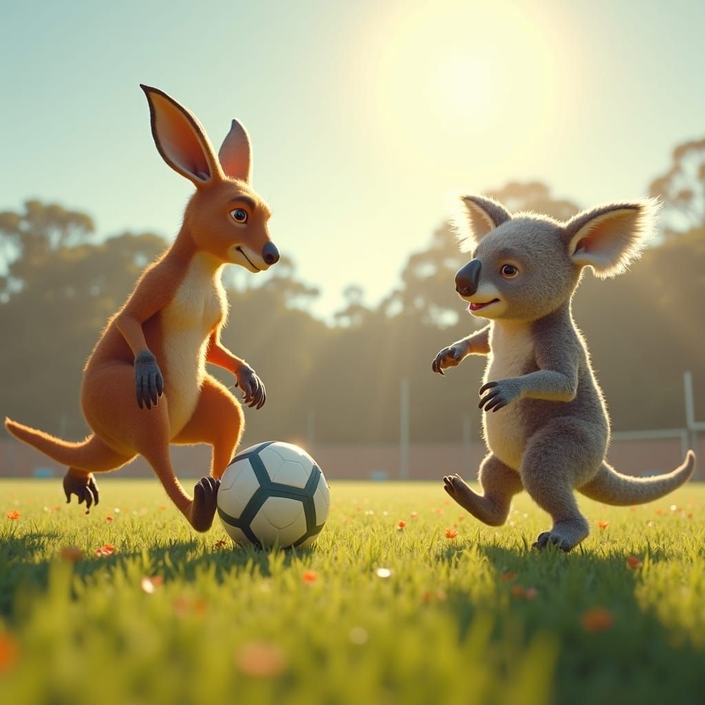 Kangaroos vs Koalas: Realistic Soccer Match in Afternoon Sun
