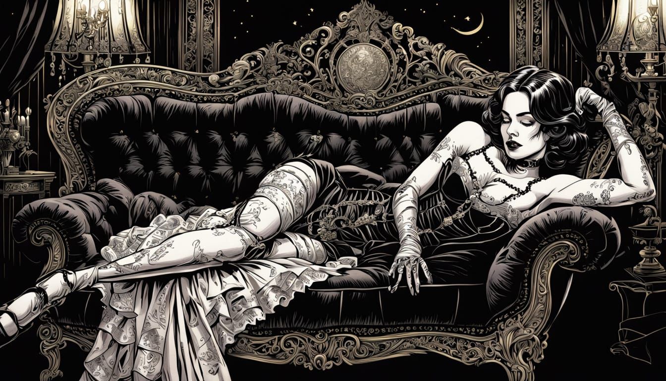Woman in Corset on Chaise Lounge: Dark Comic Art